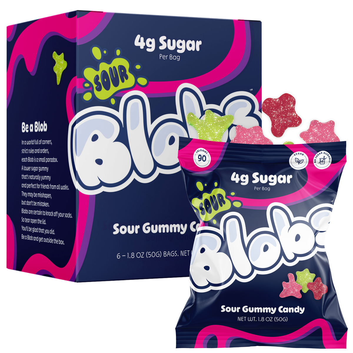 A box and a single bag of Blubbz Sour Gummy Candy, featuring bright pink, purple, and white packaging with colorful gummy candies shown spilling out on a white background.