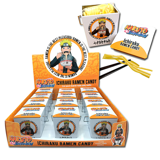 Naruto Shippuden Ramen Candy featuring fruit punch flavored candy noodles in a collectible Ichiraku Ramen takeout-style tin.
