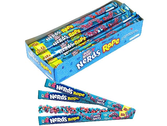 Nerds Rope Very Berry candy featuring a soft chewy fruity gummy rope covered in colorful crunchy NERDS candy pieces.