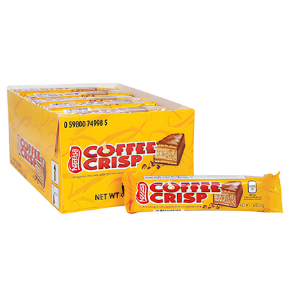 A box of Nestlé Coffee Crisp chocolate-covered biscuit bars with one bar displayed in front.