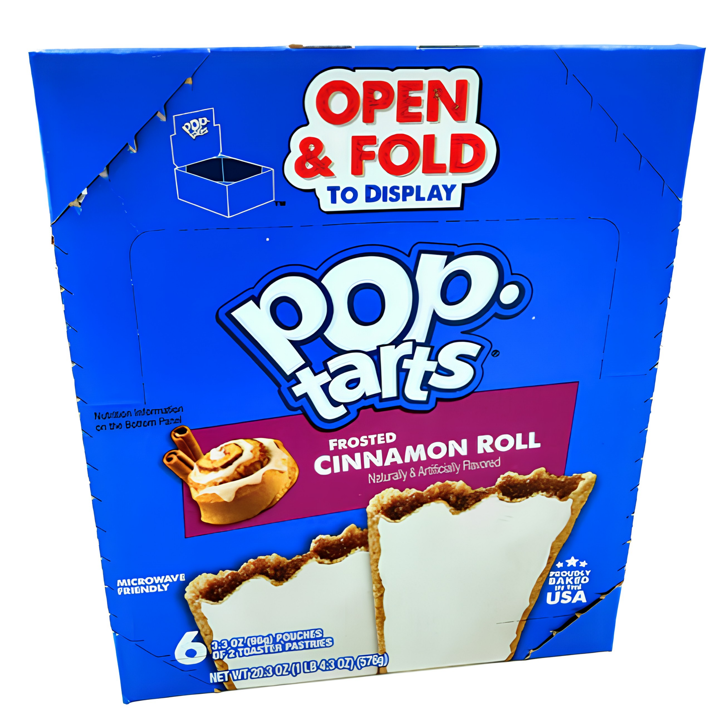 Pop-Tarts Frosted Cinnamon Roll featuring flaky toaster pastries topped with sweet frosting and cinnamon-roll flavored filling.