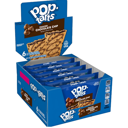 A blue display box of Pop-Tarts Frosted Chocolate Chip breakfast pastries, showing multiple individual wrapped pastries inside and the front carton panel.