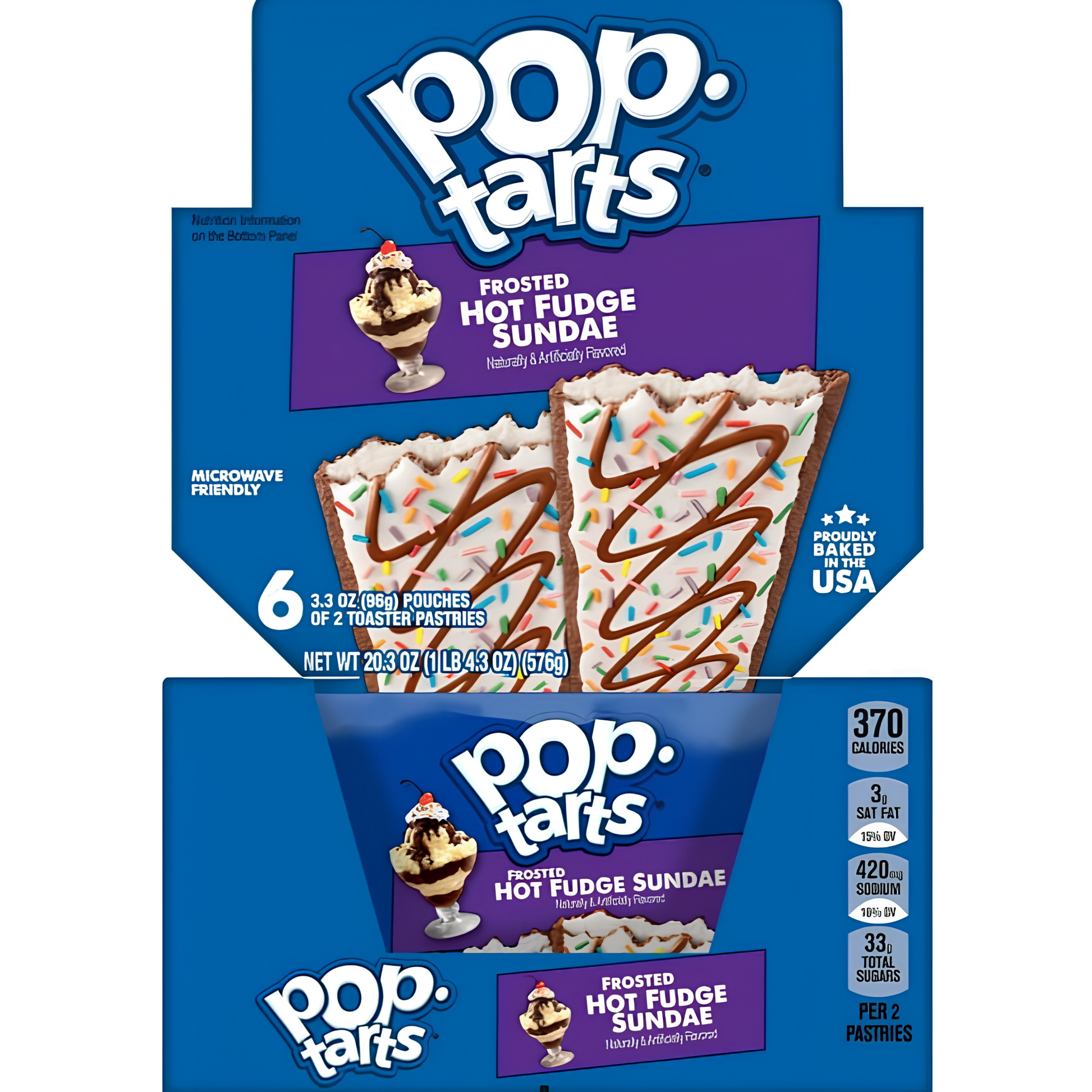 A box of Pop-Tarts Frosted Hot Fudge Sundae pastries, showing the front and lower front packaging with blue and purple panels.