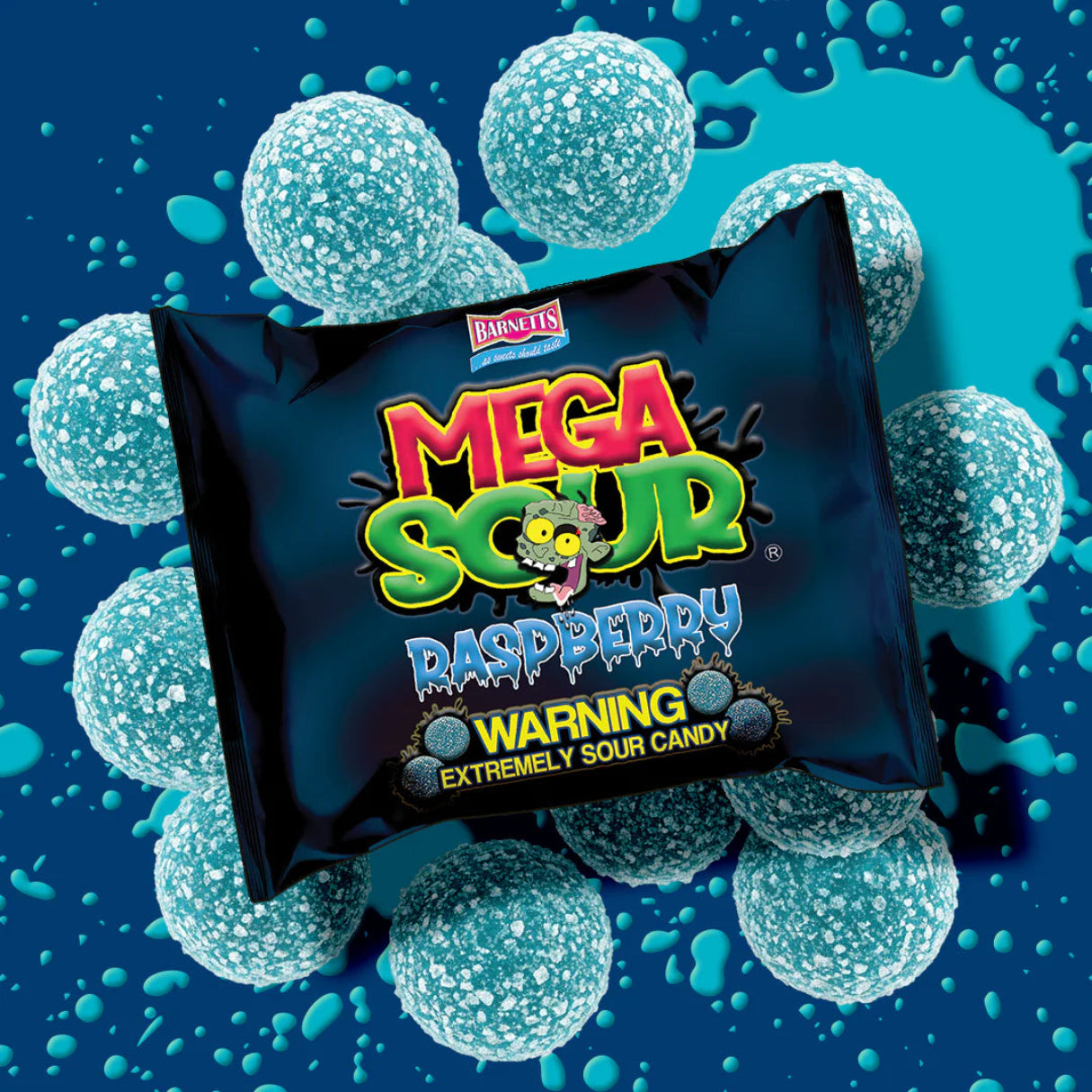 Barnetts Mega Sour Blue Raspberry candy package with sour candy balls background