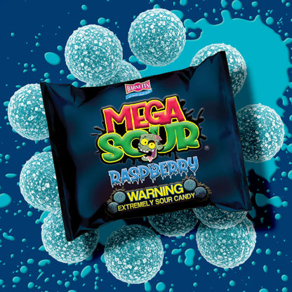 Barnetts Mega Sour Blue Raspberry candy package with sour candy balls background