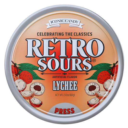 A round tin of Retro Sours Lychee candy on a plain white background. The label features a peach-orange gradient with illustrations of red lychees and white text reading 'RETRO SOURS' and 'LYCHEE'.