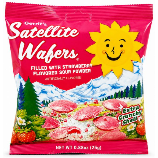 A bag of Gerrit's Satellite Wafers strawberry flavored powder, featuring a bright pink wrapper with a smiling yellow sun, mountains, pine trees, and illustrations of the wafers.
