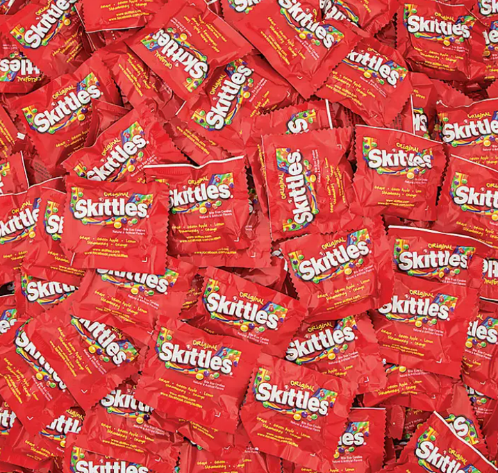 Skittles Fun Size bulk case with individually wrapped original fruit-flavored Skittles candy packs.