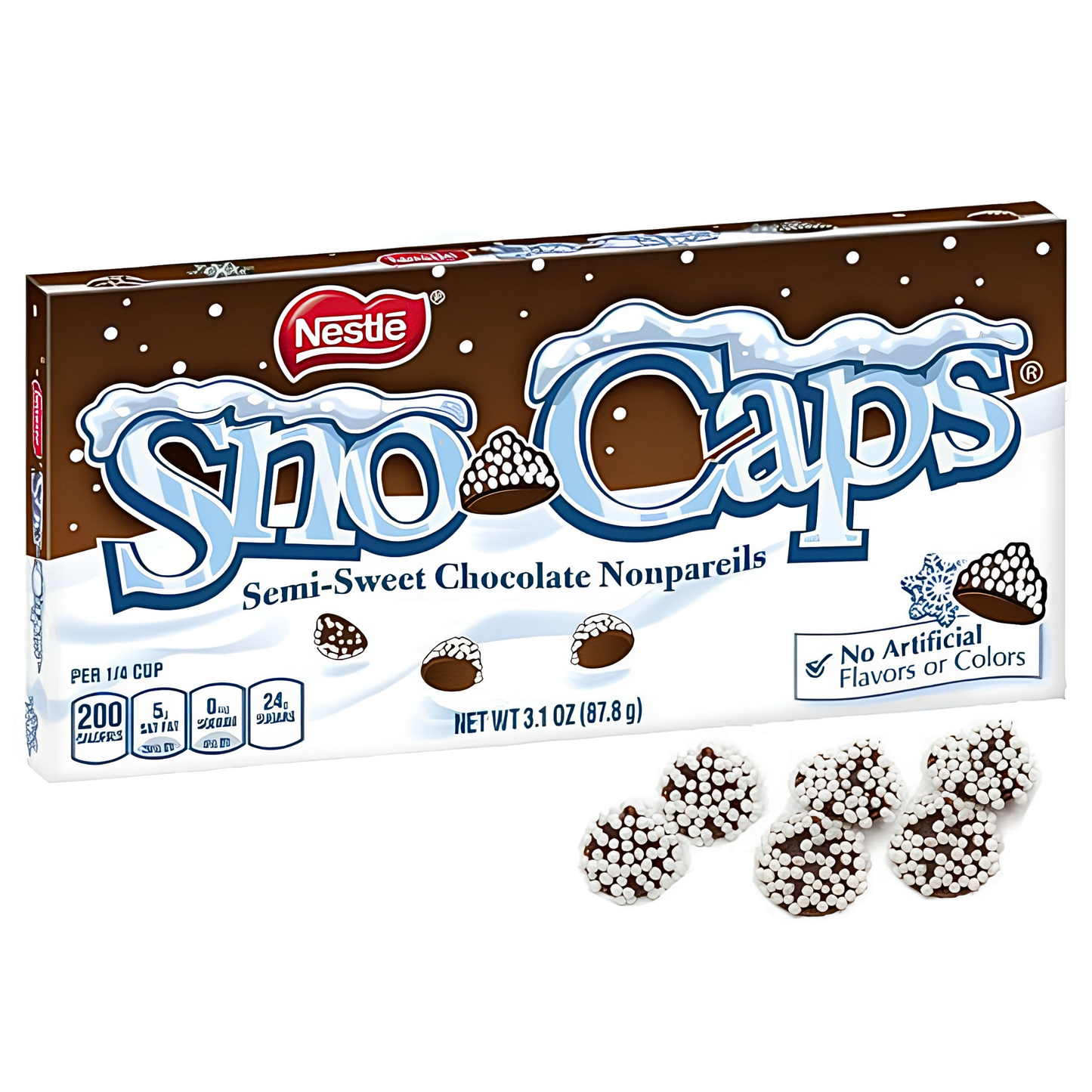 Nestlé Sno-Caps semi-sweet chocolate nonpareils box, with five of the chocolate candies displayed in front.