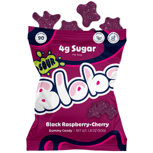 A bag of Bloblo Black Raspberry-Cherry sour gummy candy, featuring dark purple glittery star-shaped gummies peeking out from the top of the packaging. The packaging is a vibrant magenta and navy blue with white and green text.