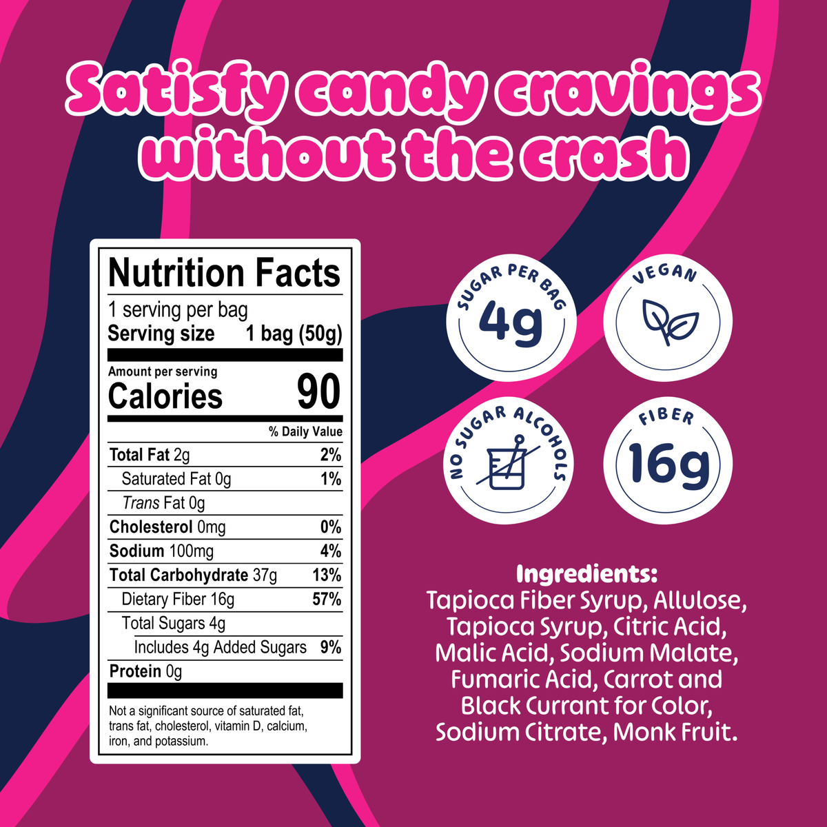 A product packaging graphic for a candy craving replacement bag, featuring a Nutrition Facts panel, circular badges highlighting key features like 'Sugar Per Bag 49', 'Vegan', 'No Sugar Alcohol', and 'Fiber 169', and an ingredients list on a pink and purple background.