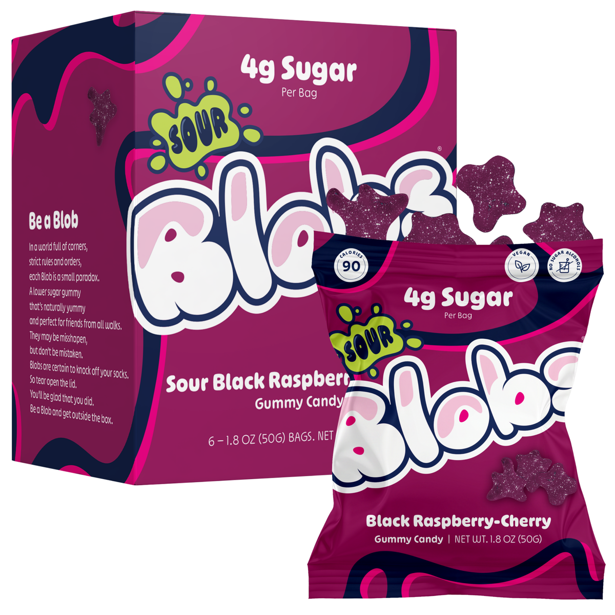 A box and a single bag of Sour Blob gummy candy in Black Raspberry-Cherry flavor, shown on a plain white background. The packaging is predominantly magenta pink with white, black, and green branding elements.