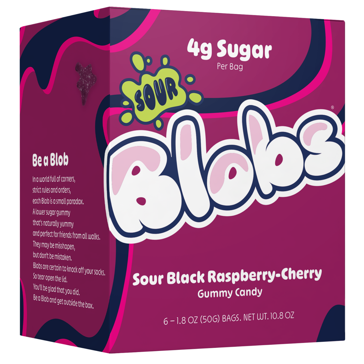 A box of Sour Blabs gummy candy in Sour Black Raspberry-Cherry flavor. The packaging is a vibrant magenta pink with dark purple swirls, featuring the brand name 'Sour Blabs' in large white bubble letters with purple outlines, and a green 'SOUR' splash logo.