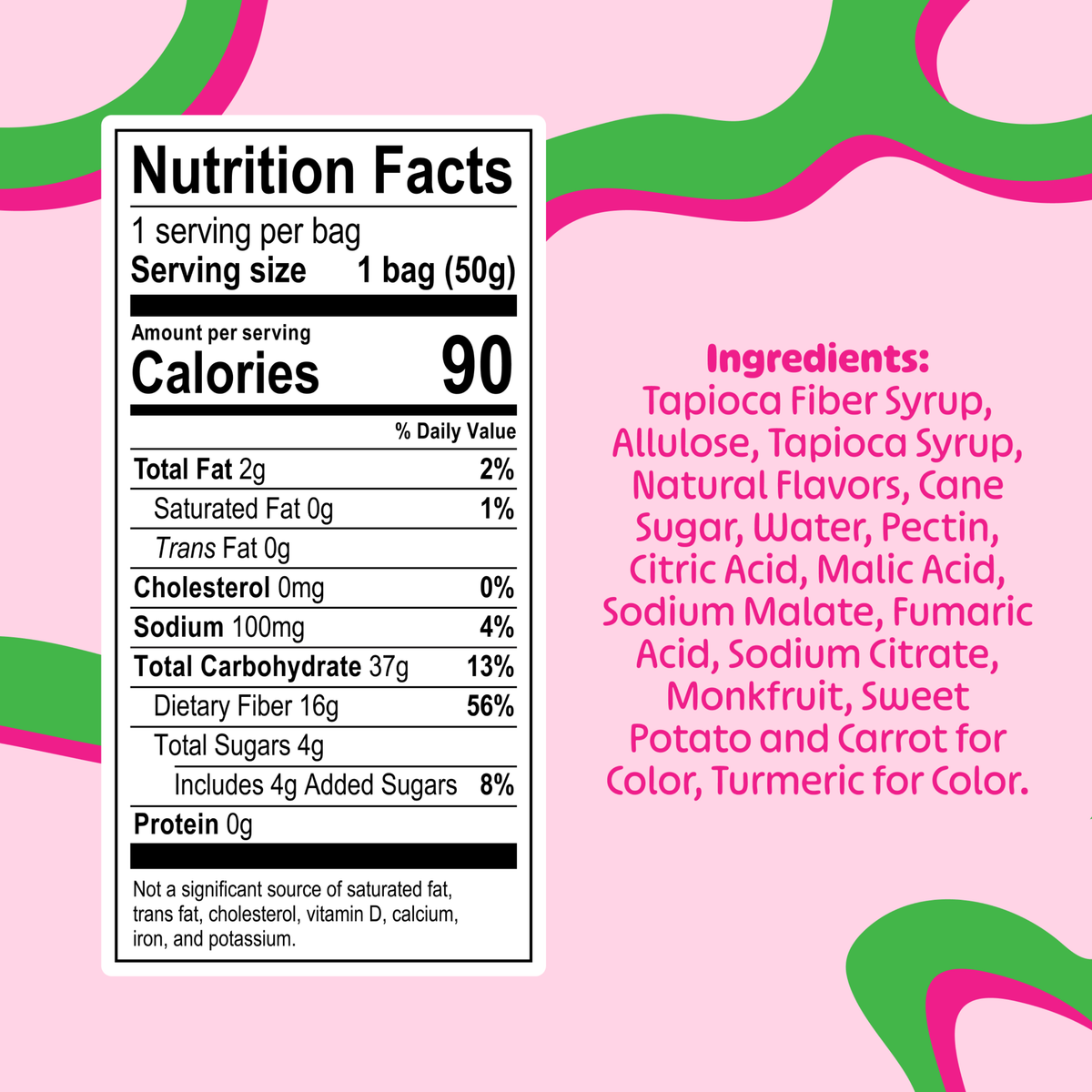 A close-up of a product's Nutrition Facts label showing 90 calories per serving, with the ingredients list printed in colorful text on a pink background with green and gray abstract shapes.