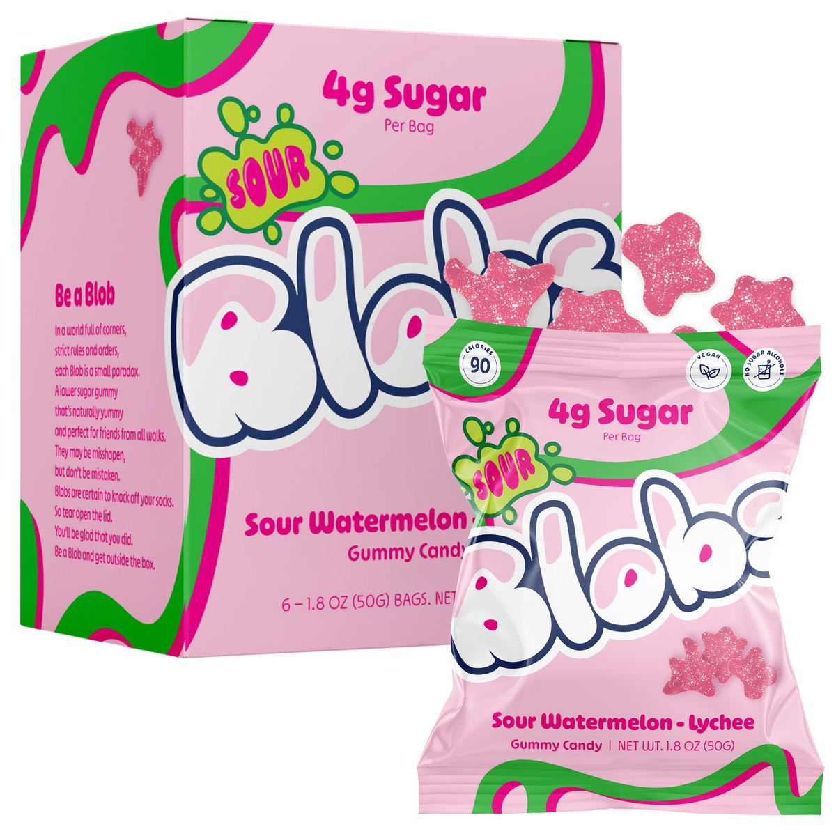 A pink and green bag of Sour Bubblegum gummy candy next to its matching box packaging, featuring pink star-shaped gummies on a white background.