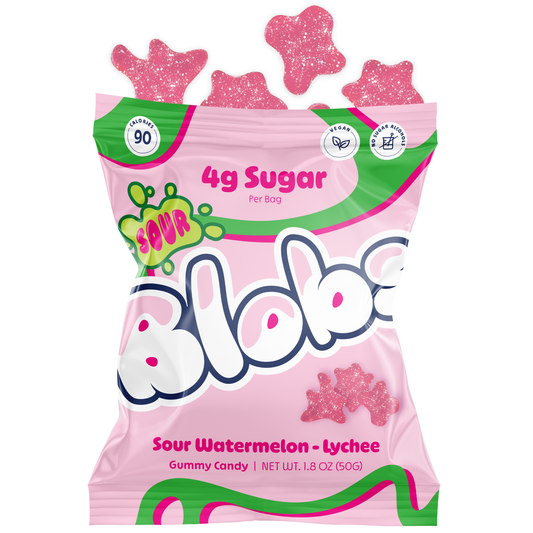 A pink bag of Blobs Sour Watermelon-Lychee gummy candy, featuring several pink glittery star-shaped gummies bursting from the top. The packaging is light pink with green and white accents, and the brand name 'Blobs' is written in large stylized letters.