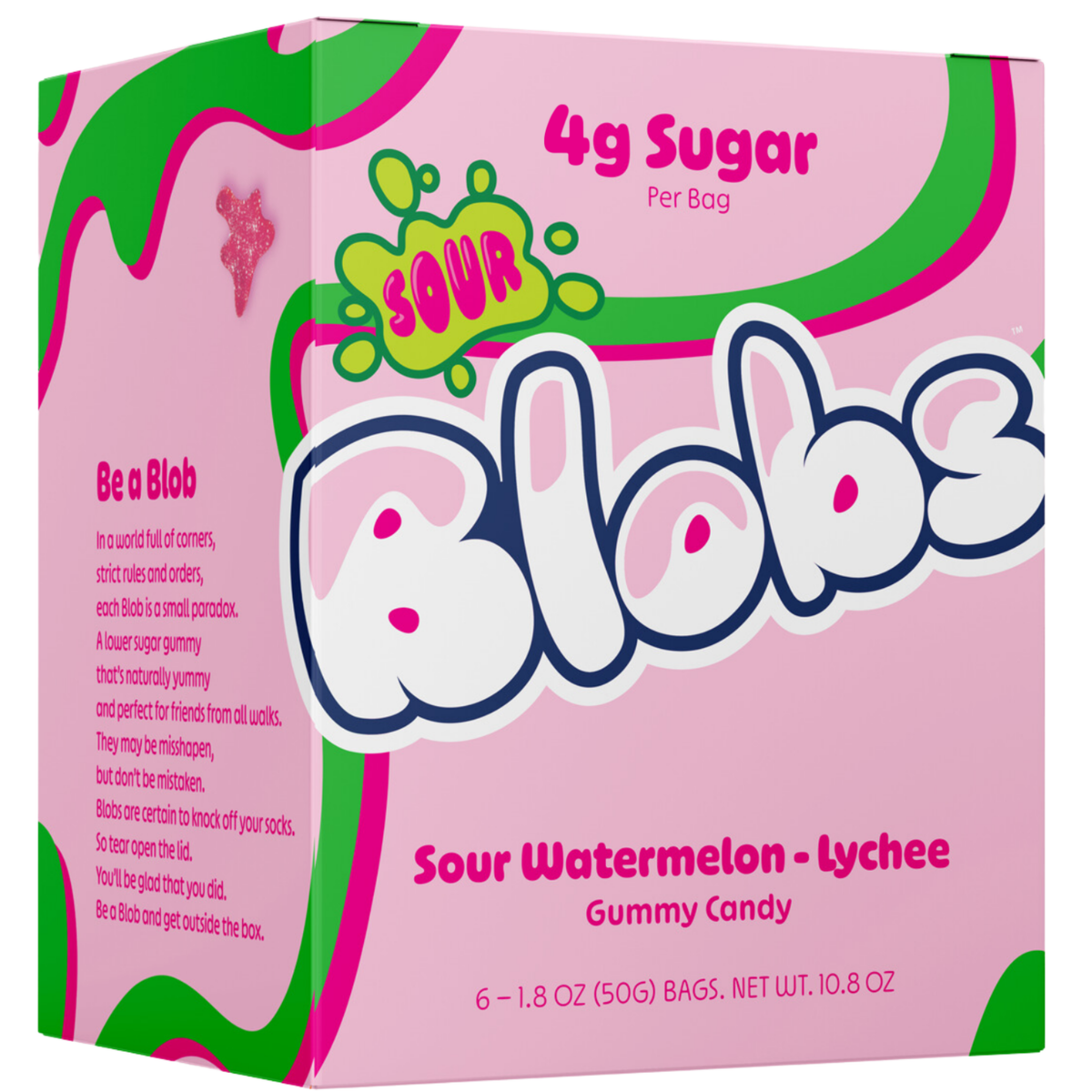A box of Be a Blob Sour Watermelon - Lychee gummy candy. The packaging is predominantly pink with green wavy accents, a green 'SOUR' label, and stylized white 'Blob' lettering outlined in dark blue.