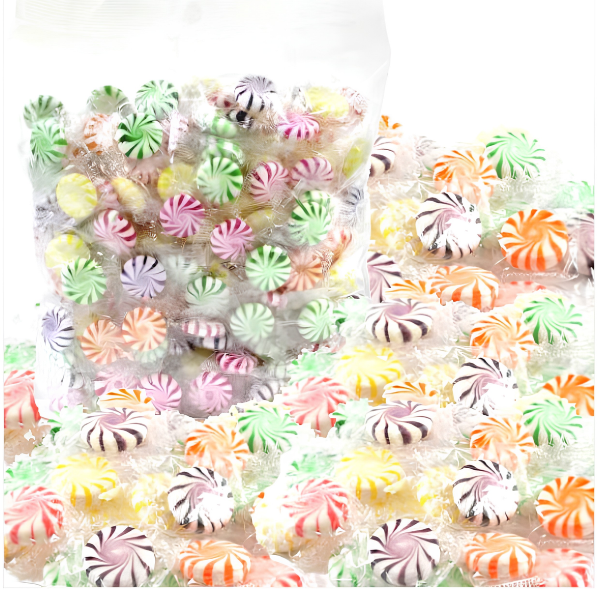 A clear plastic bag filled with colorful spiral hard candies, with more of the same candies.