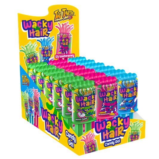 A retail display box of Twizzers Wacky Hair Candy Gel in a strawberry flavor, showing multiple colorful tubes of candy gel in green, pink, and blue arranged on a yellow branded stand against a white background.