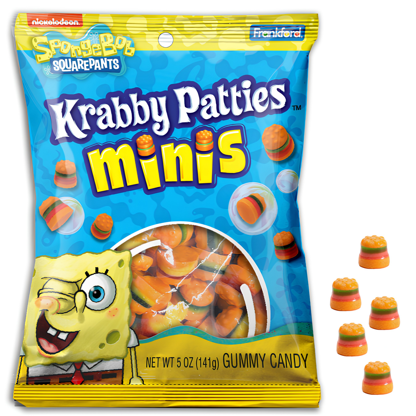 Frankford SpongeBob Krabby Patties Gummy Minis peg bag featuring colorful, bite-sized Krabby Patty-shaped fruity gummies with a soft chewy texture.