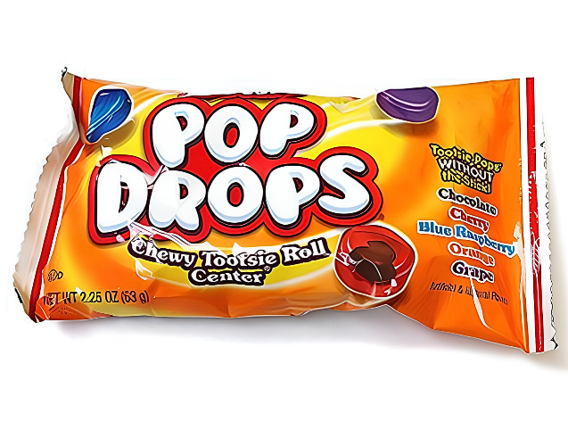 Tootsie Pop Drops featuring colorful assorted hard candy shells with chewy chocolatey Tootsie Roll centers in Chocolate, Cherry, Blue Raspberry, Orange, and Grape flavors.