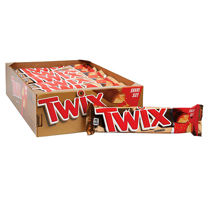 Twix Caramel King Size candy bar featuring crisp cookie, chewy caramel, and milk chocolate, 24-count wholesale case.
