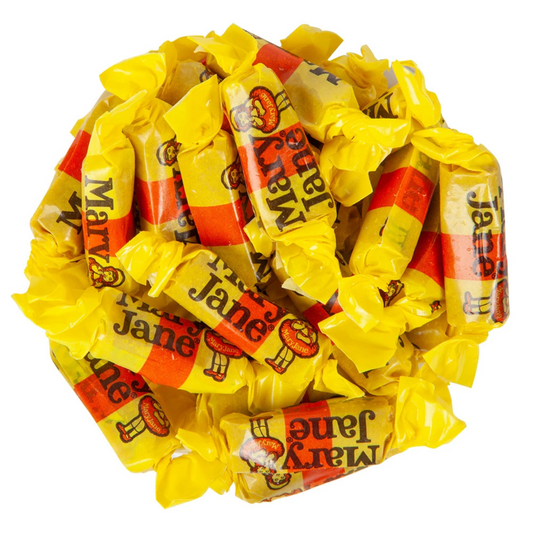 A pile of Mary Jane hard candy pieces wrapped in bright yellow paper with red bands and the Mary Jane logo.