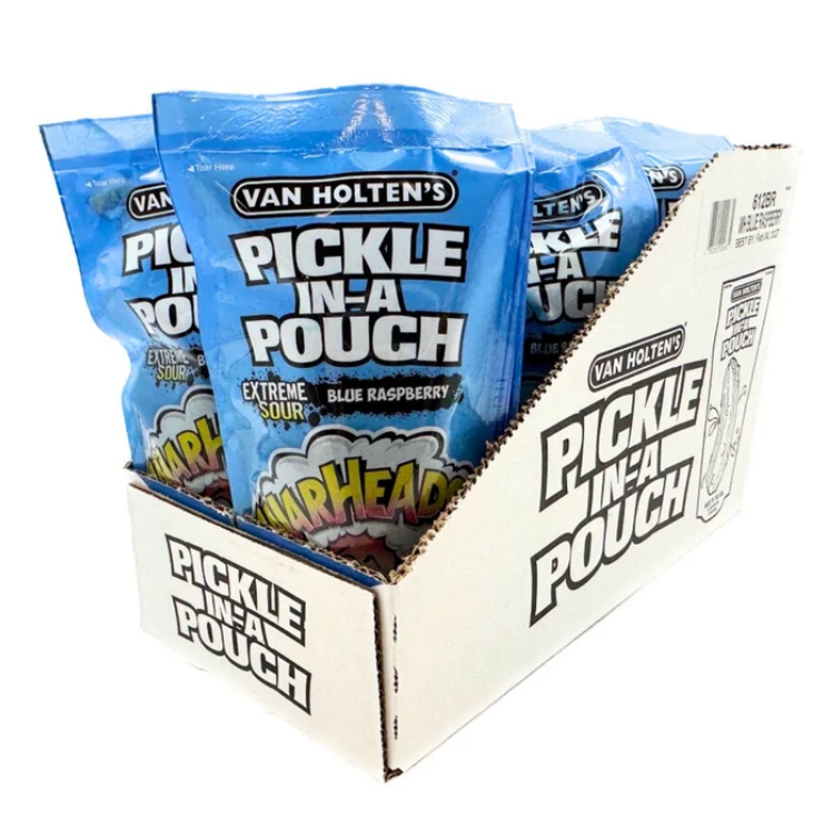 A display box filled with multiple blue bags of Van Holten's Pickle In-A-Pouch Extreme Sour Blue Raspberry candy.