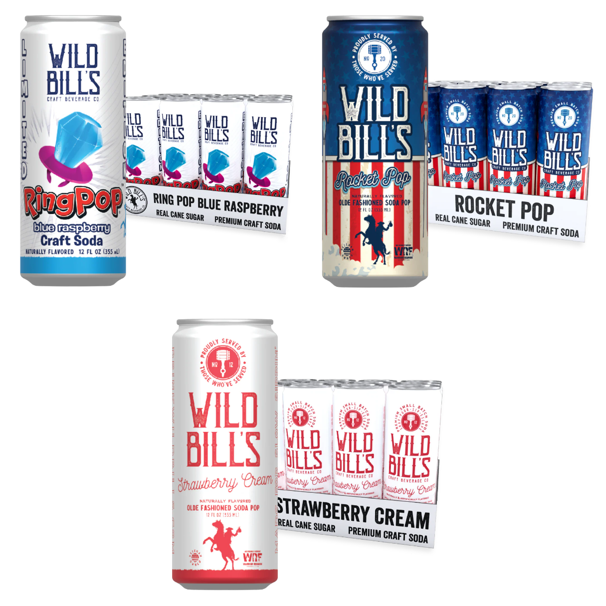 Wild Bill’s Fun Mix Craft Soda Variety Pack 12oz – Rocket Pop, Strawberry Cream & Blue Raspberry 36ct