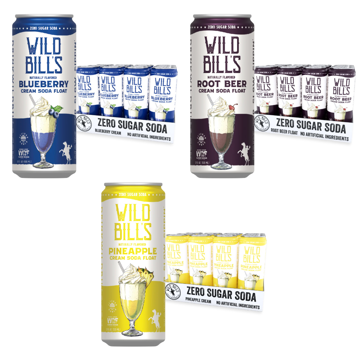 Wild Bill’s Zero Sugar Cream Soda Float Mix 12oz – Root Beer, Pineapple & Blueberry 36ct