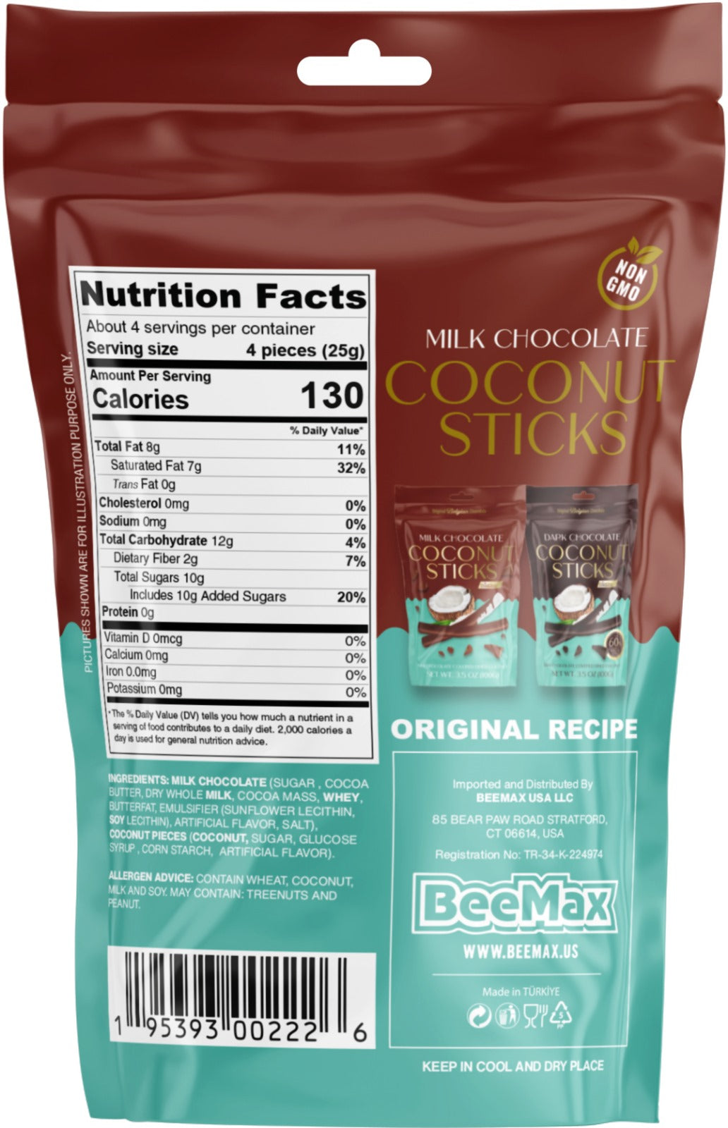 Beemax Milk Chocolate Covered Coconut Sticks  3.5oz - 12ct