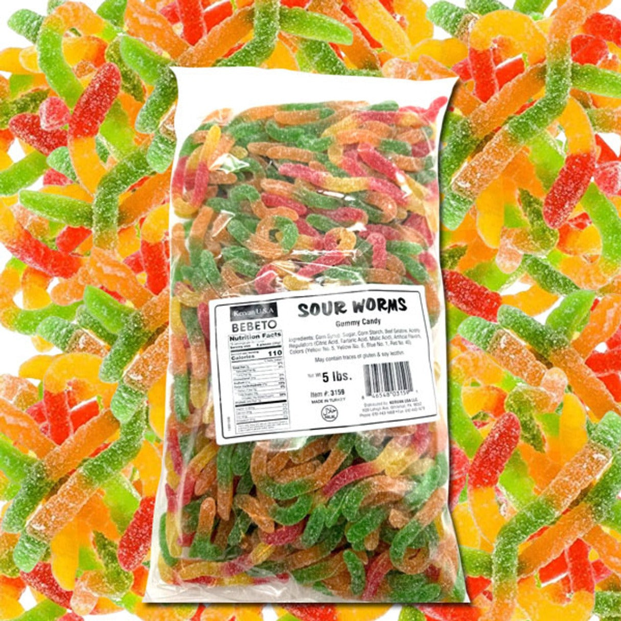 Kervan Sour Gummy Worms Large Bulk Bag 5lb - 1ct