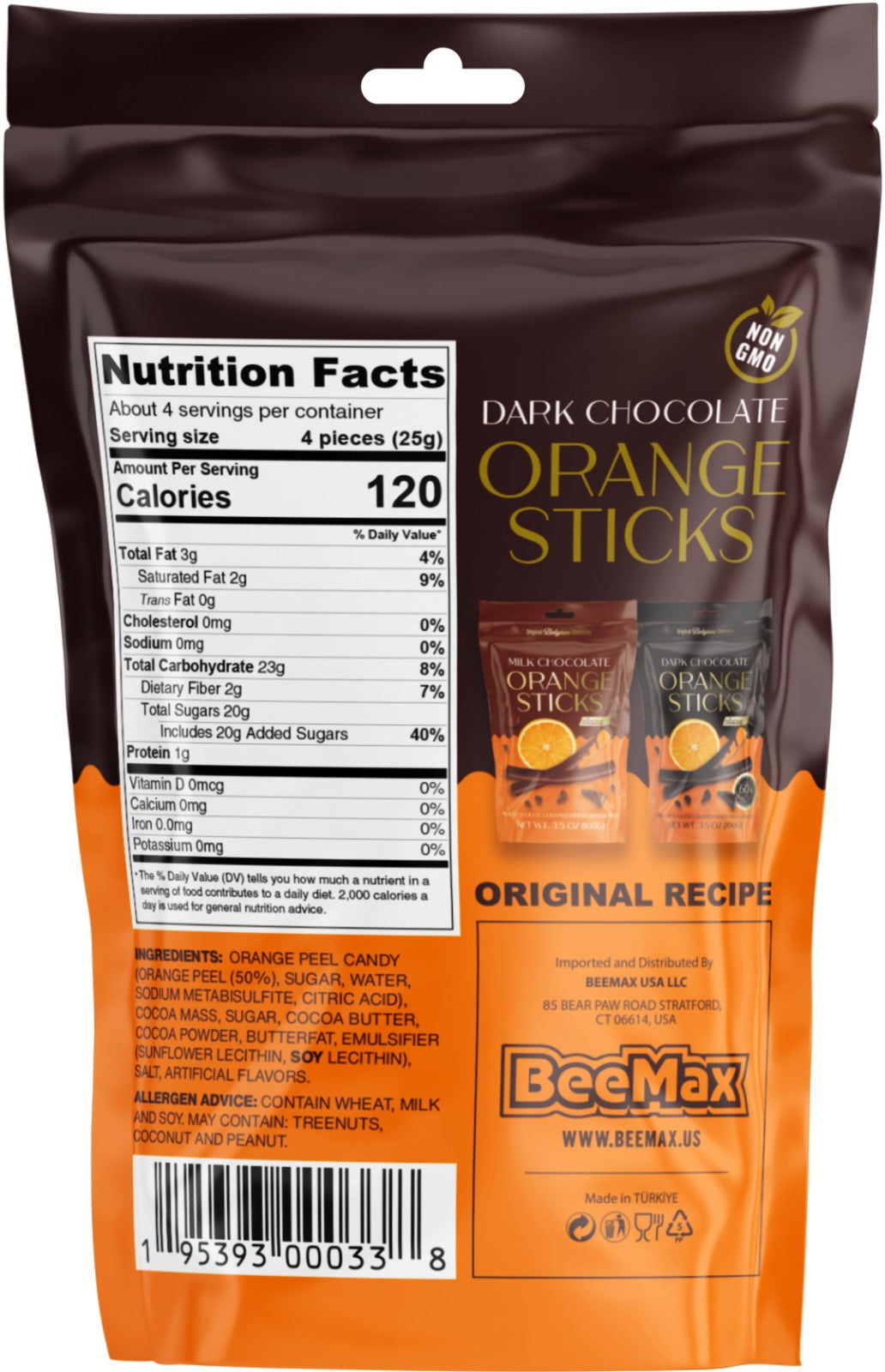 Beemax Dark Chocolate Covered Orange Sticks 3.5oz - 12ct
