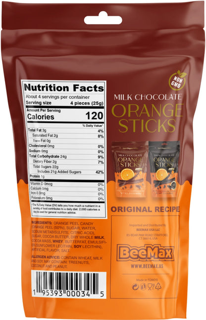 Beemax Milk Chocolate Covered Orange Sticks 3.5oz - 12ct