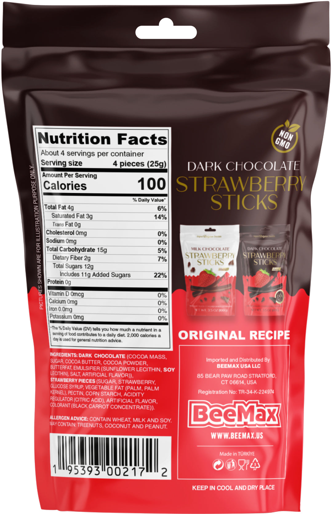 Beemax Dark Chocolate Covered Strawberry Sticks  3.5oz - 12ct