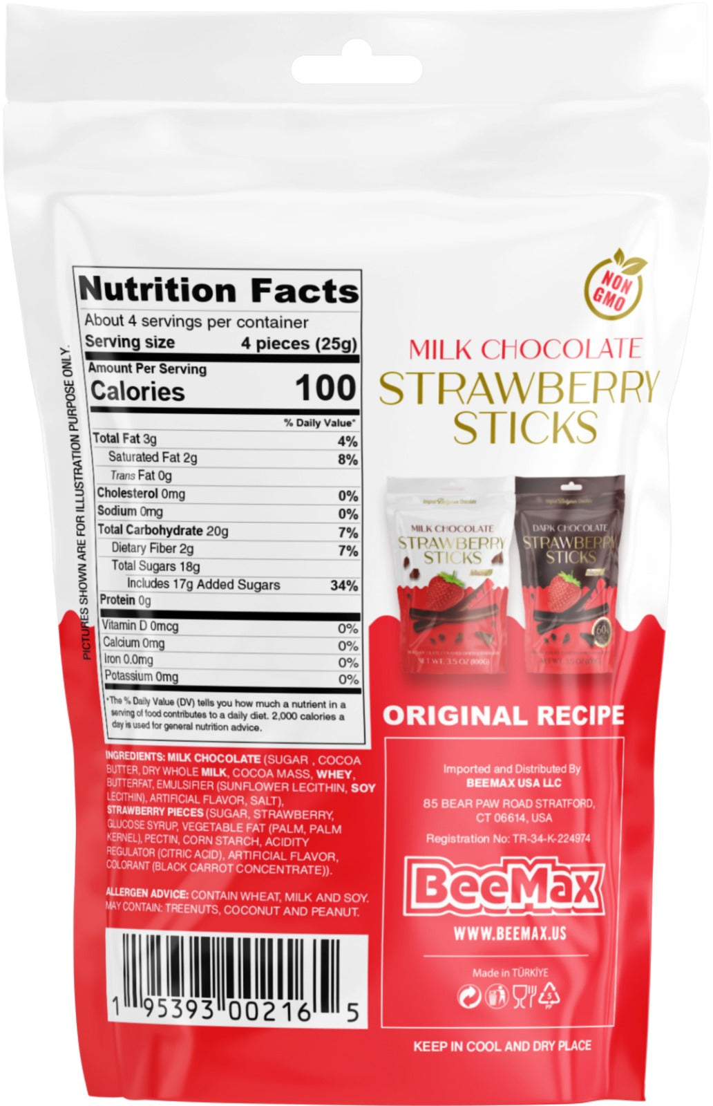 Beemax Milk Chocolate Covered Strawberry Sticks 3.5oz - 12ct