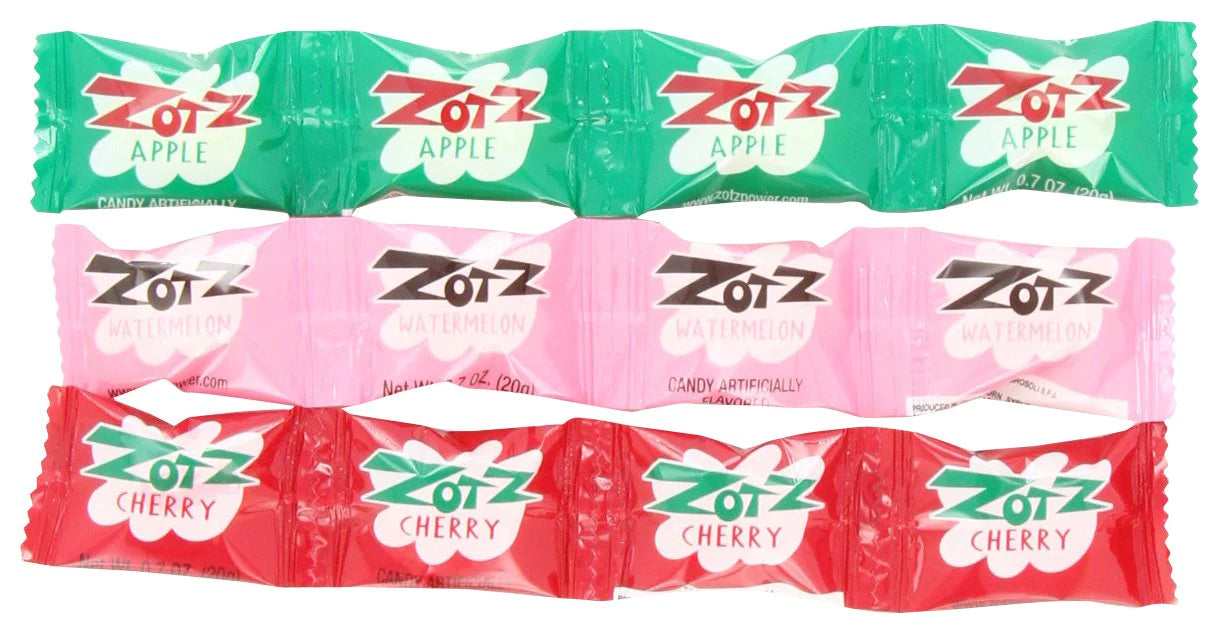 Zotz Fizzy Candy Zots Candies, 200 Pieces Bulk Pack Assorted Flavors Fizz  Candy, Cherry Blue Raspberry Grape Apple Watermelon Orange and Strawberry,  with Nosh Pack Mints 